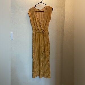 Yellow Striped Casual V-Neck Jumpsuit with Waist Tie